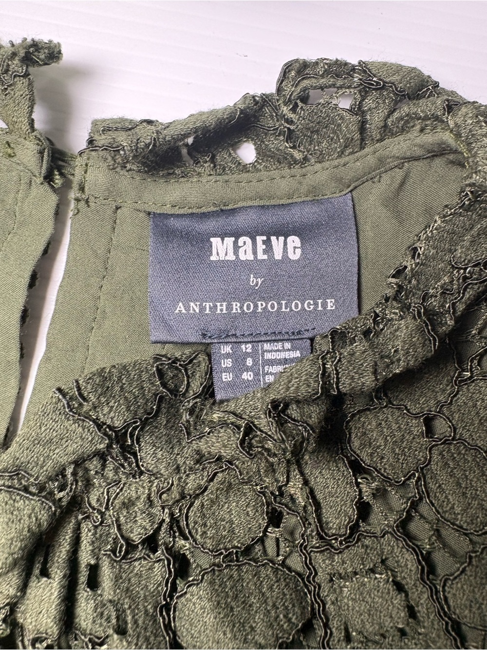 Anthropologie Olive Green Crochet Lace Flutter Sleeve Top - Picture 3 of 6